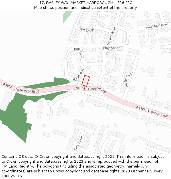 17, BARLEY WAY, MARKET HARBOROUGH, LE16 9FQ: Location map and indicative extent of plot