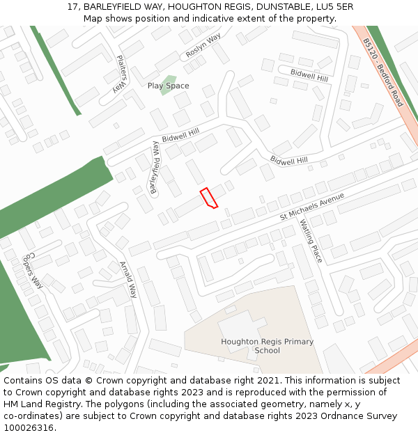 17, BARLEYFIELD WAY, HOUGHTON REGIS, DUNSTABLE, LU5 5ER: Location map and indicative extent of plot