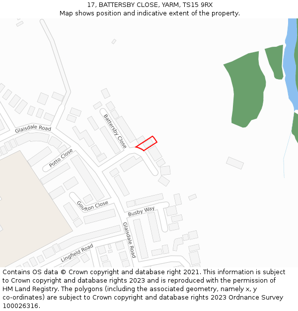 17, BATTERSBY CLOSE, YARM, TS15 9RX: Location map and indicative extent of plot