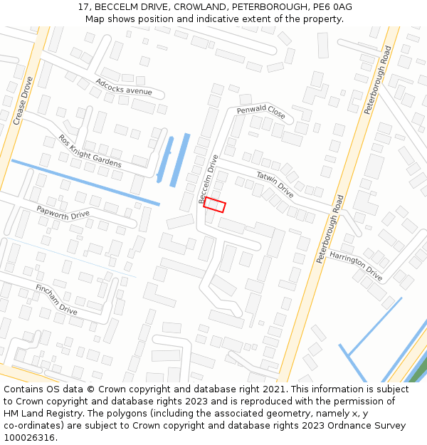 17, BECCELM DRIVE, CROWLAND, PETERBOROUGH, PE6 0AG: Location map and indicative extent of plot