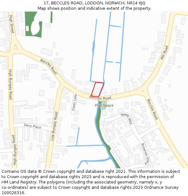 17, BECCLES ROAD, LODDON, NORWICH, NR14 6JQ: Location map and indicative extent of plot