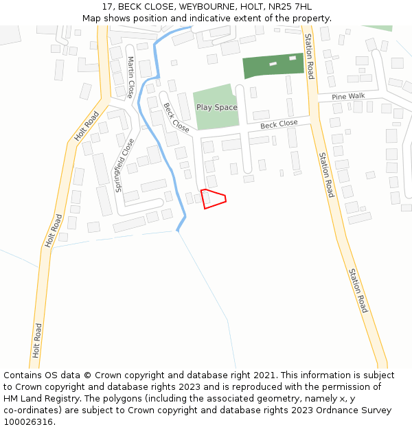 17, BECK CLOSE, WEYBOURNE, HOLT, NR25 7HL: Location map and indicative extent of plot