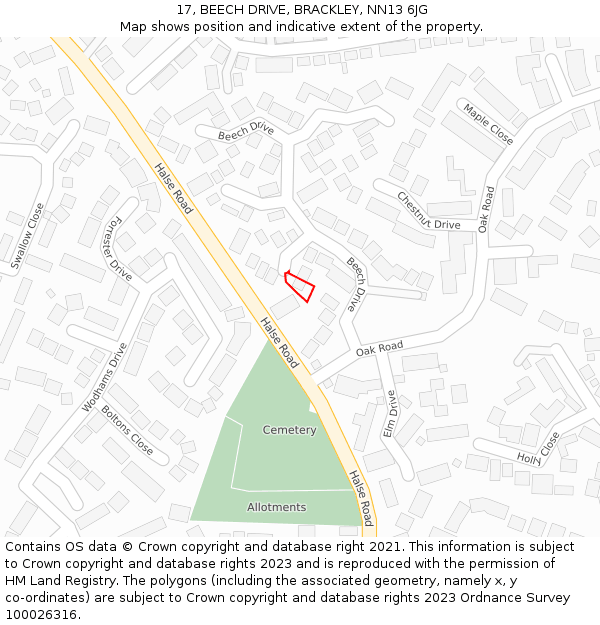 17, BEECH DRIVE, BRACKLEY, NN13 6JG: Location map and indicative extent of plot