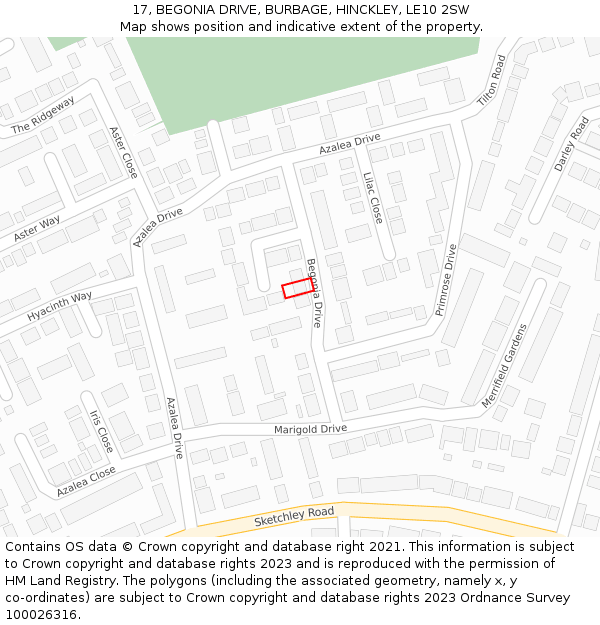17, BEGONIA DRIVE, BURBAGE, HINCKLEY, LE10 2SW: Location map and indicative extent of plot