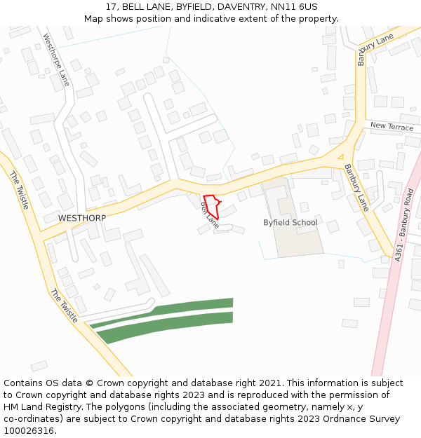 17, BELL LANE, BYFIELD, DAVENTRY, NN11 6US: Location map and indicative extent of plot