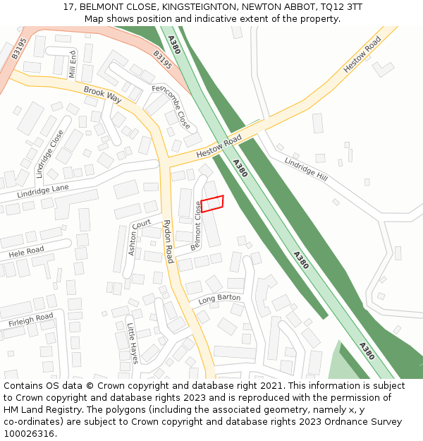 17, BELMONT CLOSE, KINGSTEIGNTON, NEWTON ABBOT, TQ12 3TT: Location map and indicative extent of plot