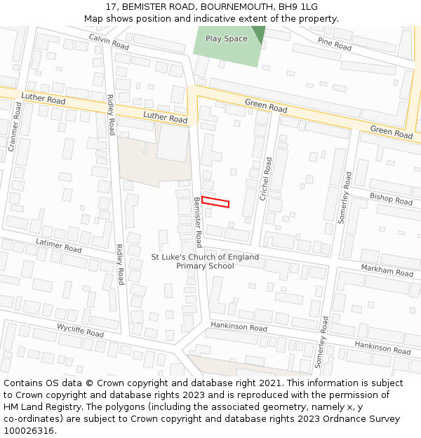 17, BEMISTER ROAD, BOURNEMOUTH, BH9 1LG: Location map and indicative extent of plot