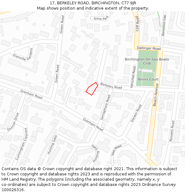 17, BERKELEY ROAD, BIRCHINGTON, CT7 9JR: Location map and indicative extent of plot