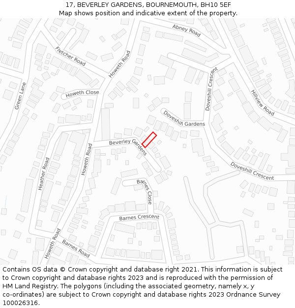 17, BEVERLEY GARDENS, BOURNEMOUTH, BH10 5EF: Location map and indicative extent of plot