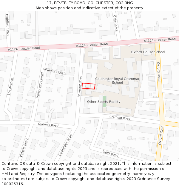17, BEVERLEY ROAD, COLCHESTER, CO3 3NG: Location map and indicative extent of plot