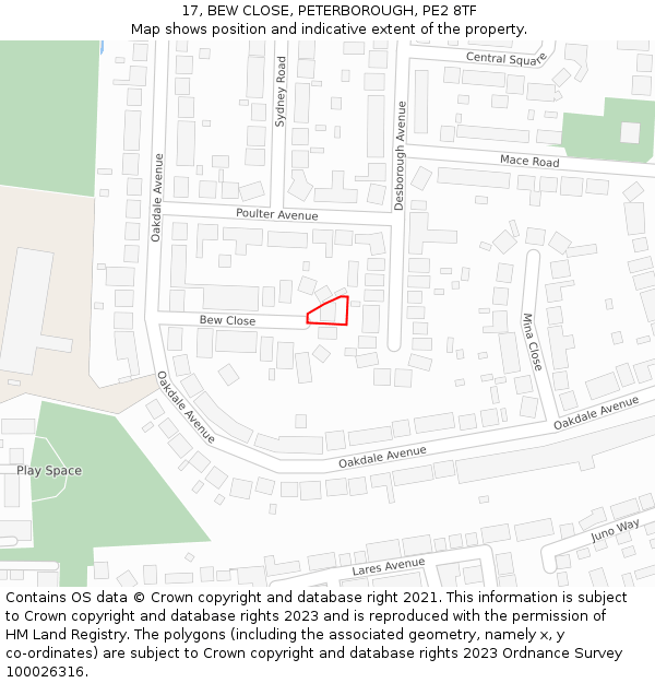 17, BEW CLOSE, PETERBOROUGH, PE2 8TF: Location map and indicative extent of plot