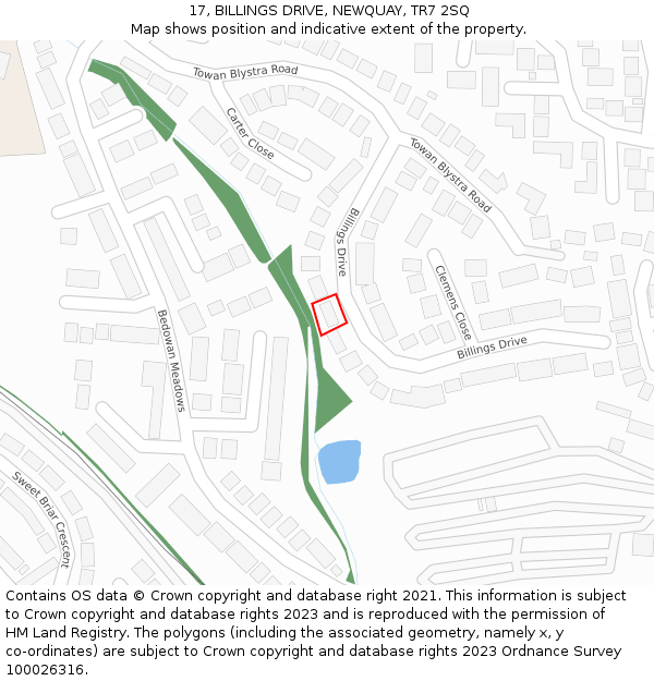 17, BILLINGS DRIVE, NEWQUAY, TR7 2SQ: Location map and indicative extent of plot