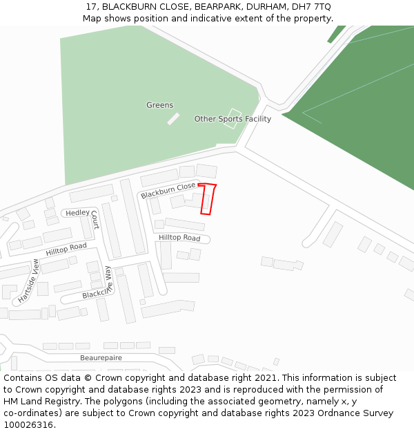 17, BLACKBURN CLOSE, BEARPARK, DURHAM, DH7 7TQ: Location map and indicative extent of plot