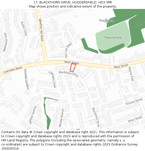 17, BLACKTHORN DRIVE, HUDDERSFIELD, HD3 3RR: Location map and indicative extent of plot