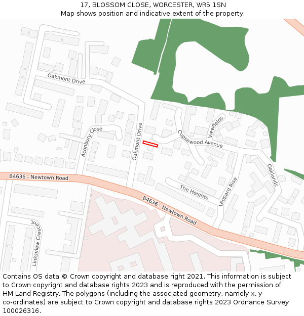 17, BLOSSOM CLOSE, WORCESTER, WR5 1SN: Location map and indicative extent of plot