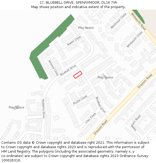 17, BLUEBELL DRIVE, SPENNYMOOR, DL16 7YA: Location map and indicative extent of plot