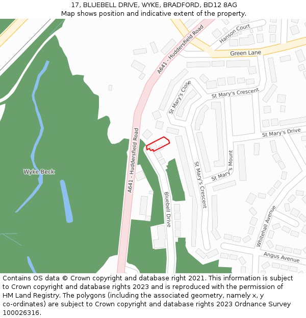 17, BLUEBELL DRIVE, WYKE, BRADFORD, BD12 8AG: Location map and indicative extent of plot