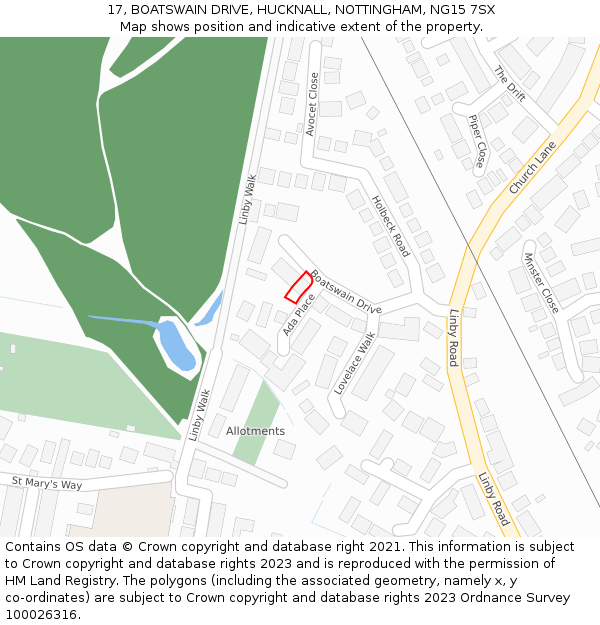 17, BOATSWAIN DRIVE, HUCKNALL, NOTTINGHAM, NG15 7SX: Location map and indicative extent of plot