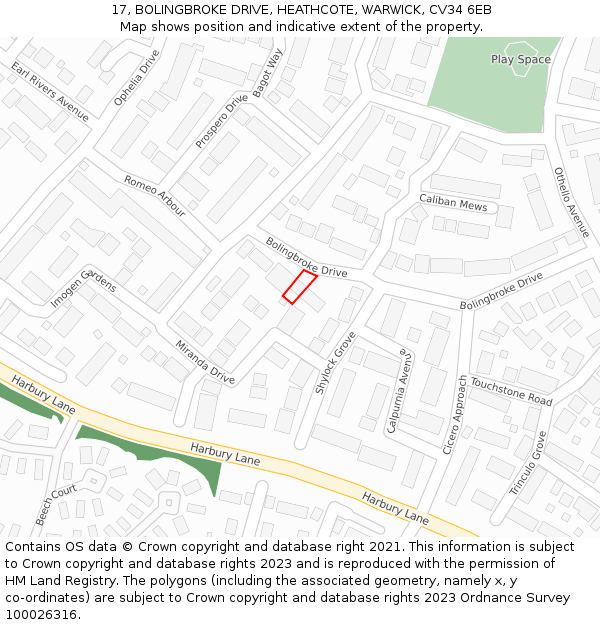 17, BOLINGBROKE DRIVE, HEATHCOTE, WARWICK, CV34 6EB: Location map and indicative extent of plot