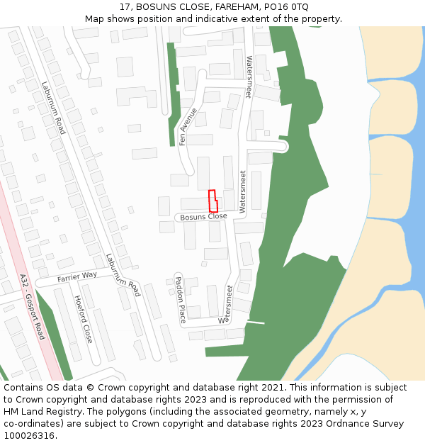17, BOSUNS CLOSE, FAREHAM, PO16 0TQ: Location map and indicative extent of plot