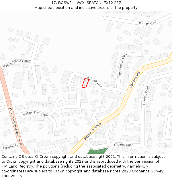 17, BOSWELL WAY, SEATON, EX12 2EZ: Location map and indicative extent of plot