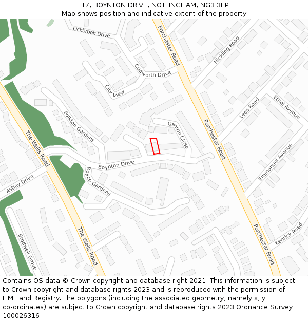 17, BOYNTON DRIVE, NOTTINGHAM, NG3 3EP: Location map and indicative extent of plot