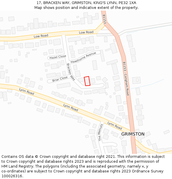 17, BRACKEN WAY, GRIMSTON, KING'S LYNN, PE32 1XA: Location map and indicative extent of plot
