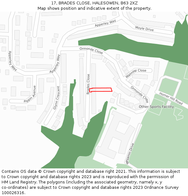 17, BRADES CLOSE, HALESOWEN, B63 2XZ: Location map and indicative extent of plot