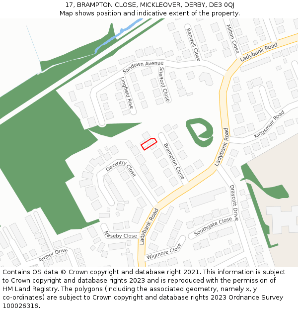 17, BRAMPTON CLOSE, MICKLEOVER, DERBY, DE3 0QJ: Location map and indicative extent of plot