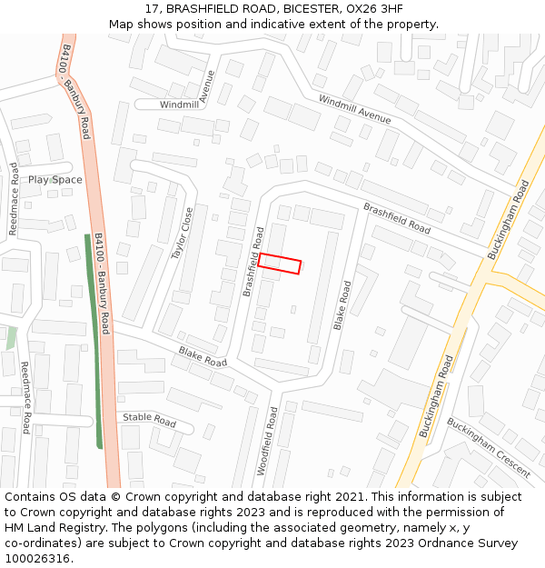 17, BRASHFIELD ROAD, BICESTER, OX26 3HF: Location map and indicative extent of plot