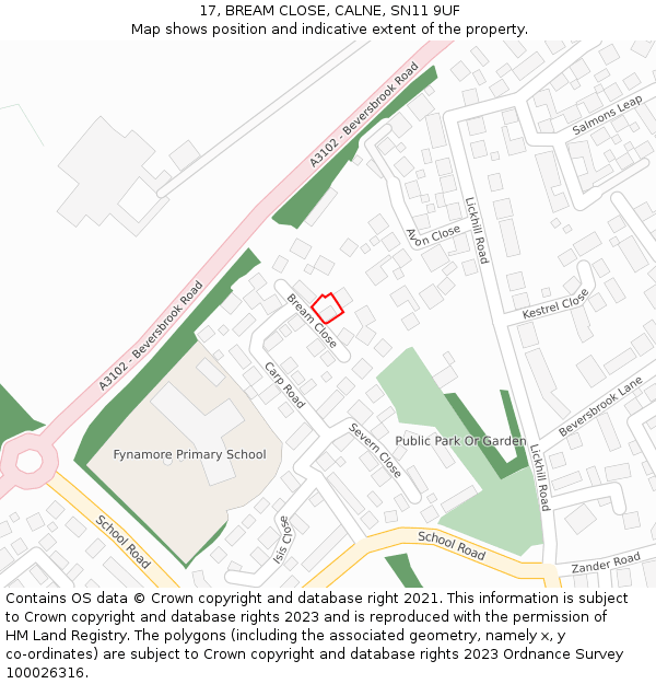 17, BREAM CLOSE, CALNE, SN11 9UF: Location map and indicative extent of plot