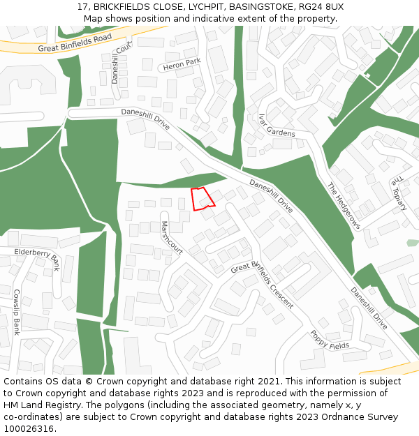 17, BRICKFIELDS CLOSE, LYCHPIT, BASINGSTOKE, RG24 8UX: Location map and indicative extent of plot