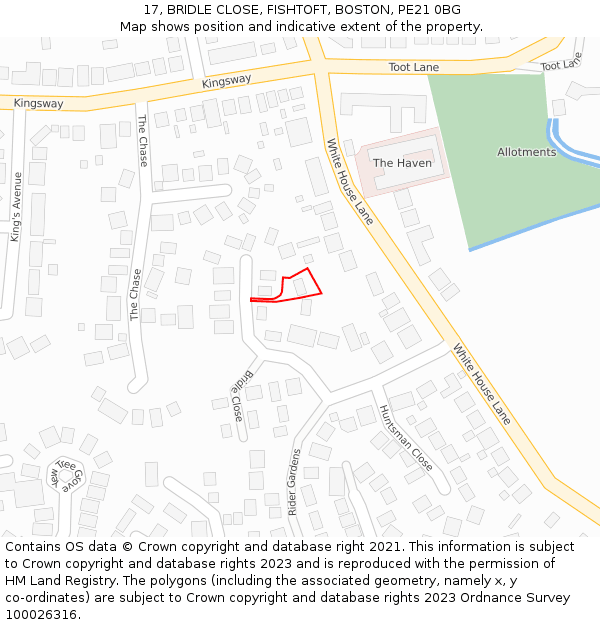 17, BRIDLE CLOSE, FISHTOFT, BOSTON, PE21 0BG: Location map and indicative extent of plot