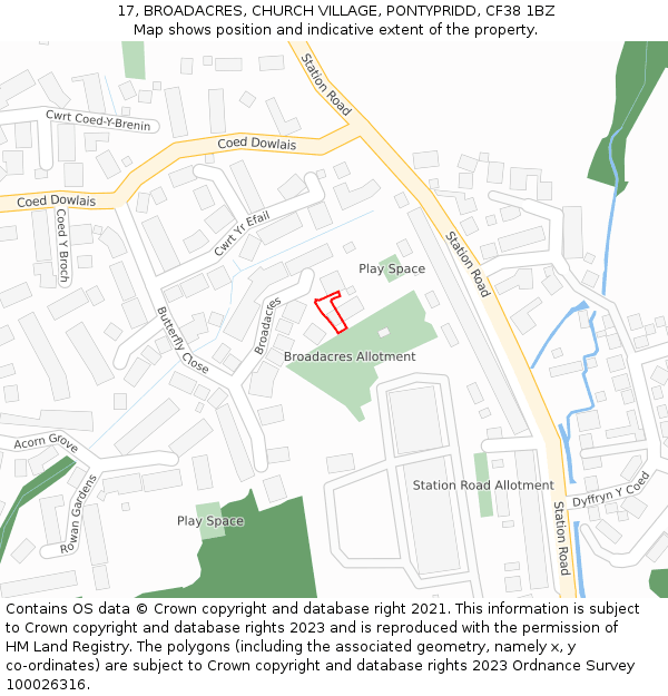 17, BROADACRES, CHURCH VILLAGE, PONTYPRIDD, CF38 1BZ: Location map and indicative extent of plot