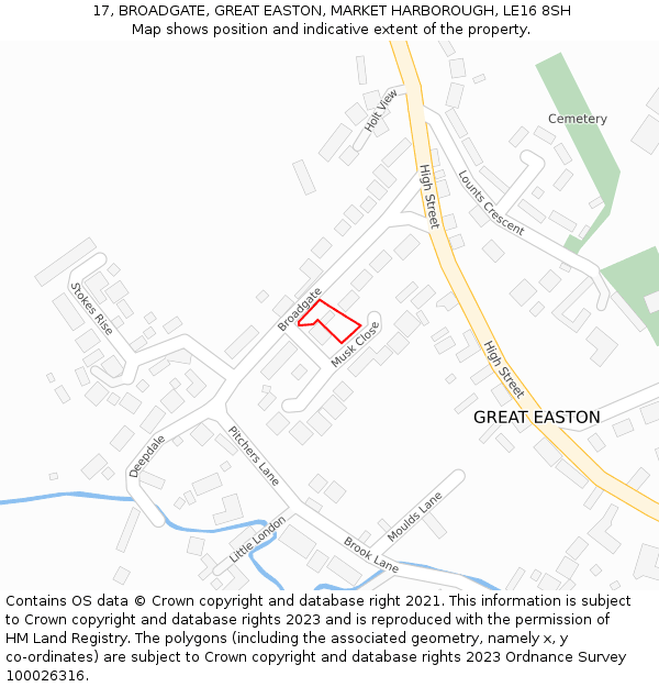 17, BROADGATE, GREAT EASTON, MARKET HARBOROUGH, LE16 8SH: Location map and indicative extent of plot