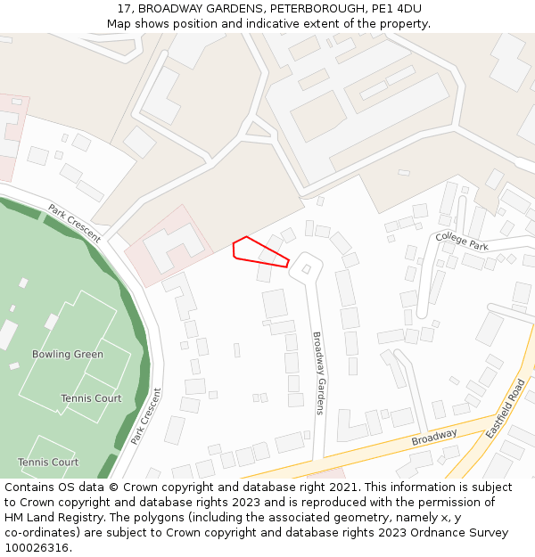 17, BROADWAY GARDENS, PETERBOROUGH, PE1 4DU: Location map and indicative extent of plot