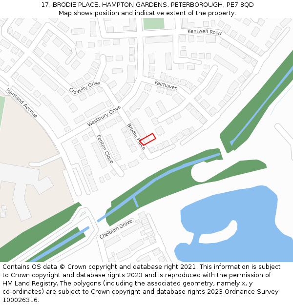 17, BRODIE PLACE, HAMPTON GARDENS, PETERBOROUGH, PE7 8QD: Location map and indicative extent of plot