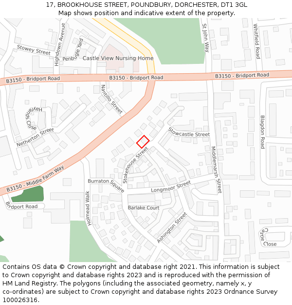 17, BROOKHOUSE STREET, POUNDBURY, DORCHESTER, DT1 3GL: Location map and indicative extent of plot