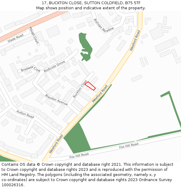 17, BUCKTON CLOSE, SUTTON COLDFIELD, B75 5TF: Location map and indicative extent of plot