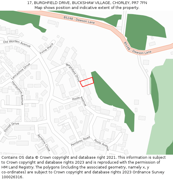 17, BURGHFIELD DRIVE, BUCKSHAW VILLAGE, CHORLEY, PR7 7FN: Location map and indicative extent of plot