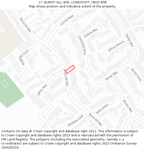 17, BURNT HILL WAY, LOWESTOFT, NR33 8PB: Location map and indicative extent of plot