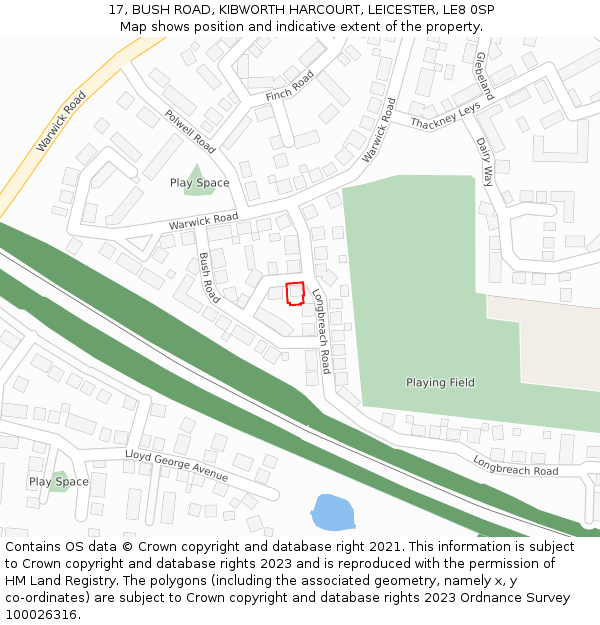 17, BUSH ROAD, KIBWORTH HARCOURT, LEICESTER, LE8 0SP: Location map and indicative extent of plot