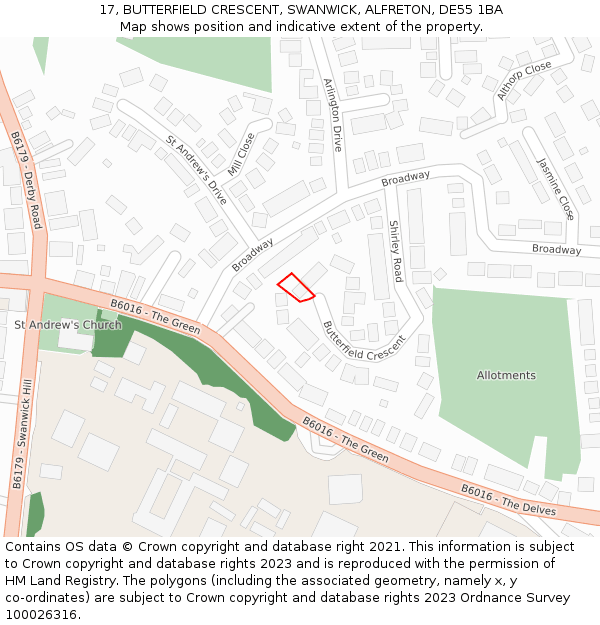 17, BUTTERFIELD CRESCENT, SWANWICK, ALFRETON, DE55 1BA: Location map and indicative extent of plot