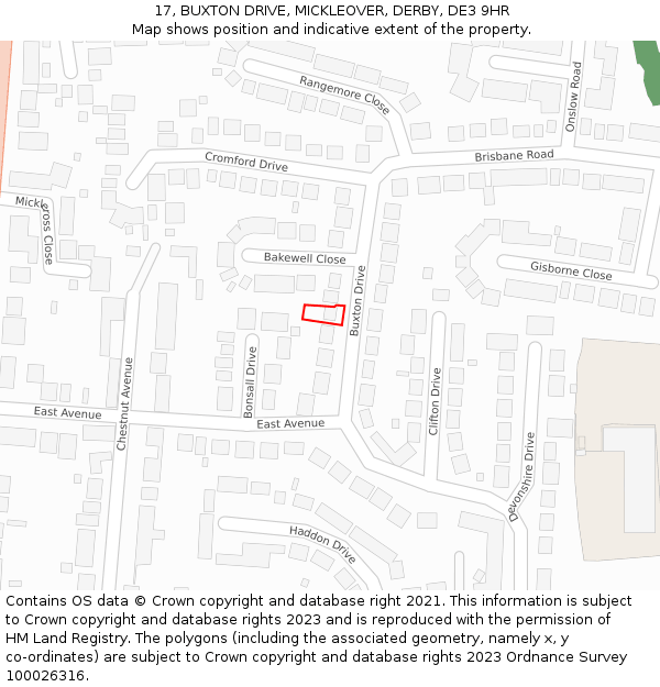 17, BUXTON DRIVE, MICKLEOVER, DERBY, DE3 9HR: Location map and indicative extent of plot