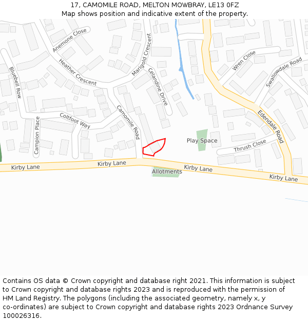 17, CAMOMILE ROAD, MELTON MOWBRAY, LE13 0FZ: Location map and indicative extent of plot