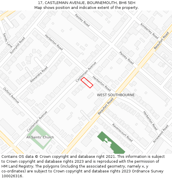 17, CASTLEMAIN AVENUE, BOURNEMOUTH, BH6 5EH: Location map and indicative extent of plot