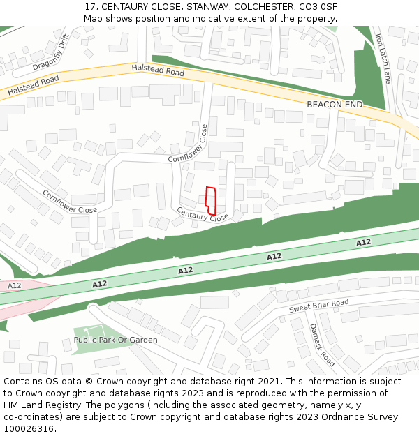 17, CENTAURY CLOSE, STANWAY, COLCHESTER, CO3 0SF: Location map and indicative extent of plot