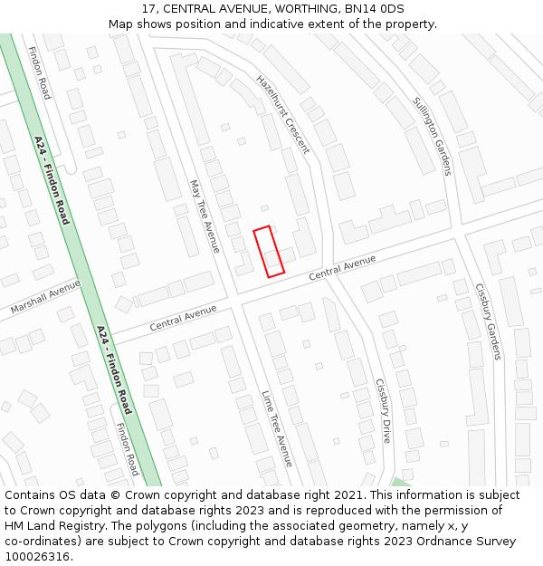 17, CENTRAL AVENUE, WORTHING, BN14 0DS: Location map and indicative extent of plot