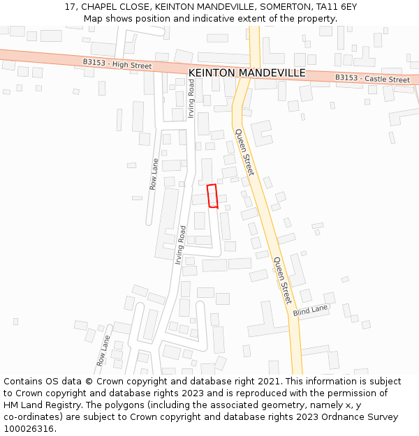 17, CHAPEL CLOSE, KEINTON MANDEVILLE, SOMERTON, TA11 6EY: Location map and indicative extent of plot