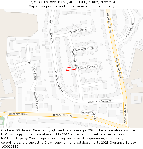 17, CHARLESTOWN DRIVE, ALLESTREE, DERBY, DE22 2HA: Location map and indicative extent of plot